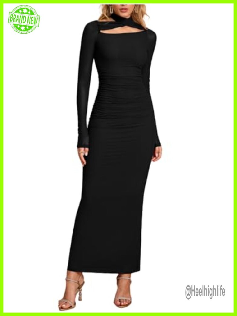 Women's Formal Long Sleeve Maxi Dress Crisscross Halter Mesh Ruched Bodycon